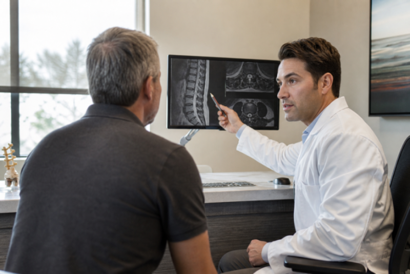 Doctor and patient reviewing spinal MRI on a monitor in a modern outpatient clinic setting